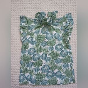 kate quinn Green and Blue Floral Ruffle Tie Neck Top